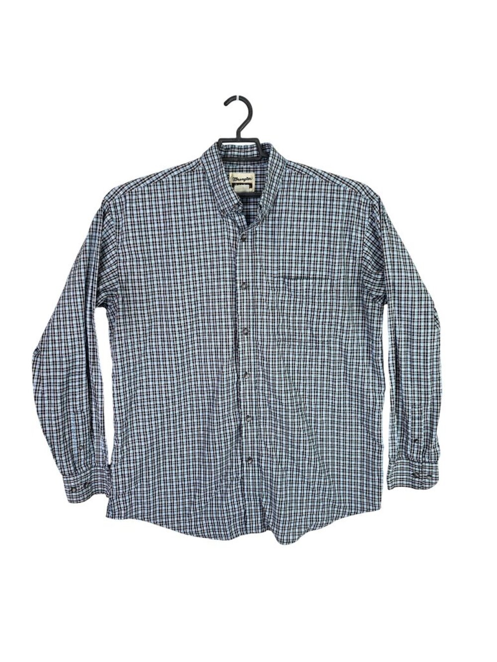 Mens Wrangler Riata Black Blue Plaid Button Up Shirt Long Sleeve Cotton Blend L